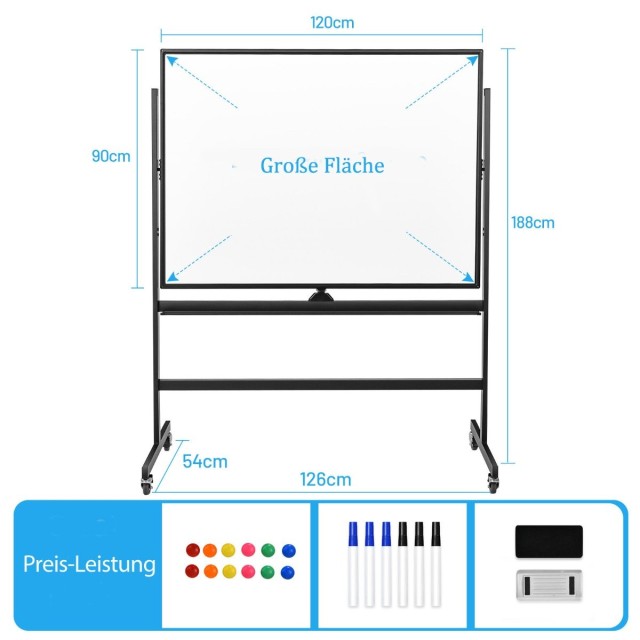 Costway  Μεγάλος Πίνακας Whiteboard 90 x 120 cm με Διπλή Όψη και Ρυθμιζόμενο Ύψος, Περιλαμβάνει Αξεσουάρ και Ρόδες για Εύκολη Μετακίνηση CB10389BK
