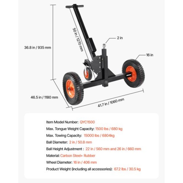 VEVOR Ρυμουλκούμενο Καρότσι 2-σε-1 1500lbs, Ρυθμιζόμενο Ύψος 22-26 ιντσών, Μπάλα 2 ιντσών με Τροχό LYSDQYC1500LJYV2YV0