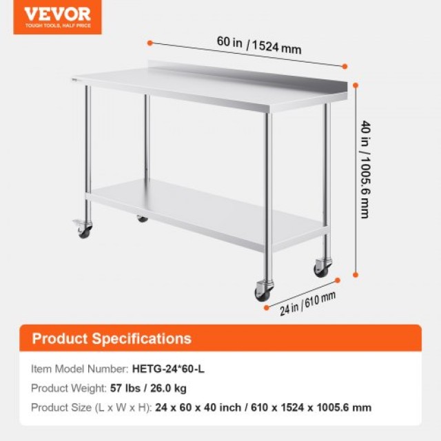 Τραπέζι Εργασίας Ανοξείδωτο VEVOR 24x60 με Ρόδες  CFBXGGZTLCDJBPWUXV0