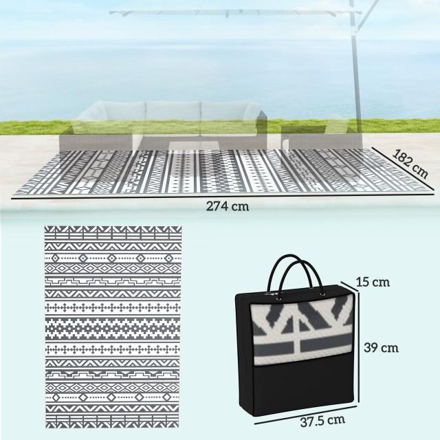 Outsunny Αναστρέψιμο Εξωτερικό Χαλί με Γεωμετρικό Σχέδιο και Συμπεριλαμβανόμενη Τσάντα, 182x274 cm, Γκρι και Λευκό 84J-061V00CG