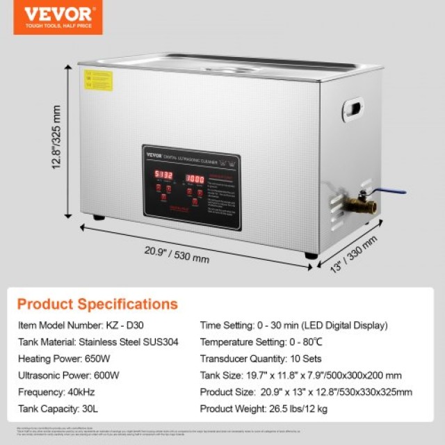 Καθαριστής Υπερήχων VEVOR 30L για Κοσμήματα & Μικροεξαρτήματα  SXCSBQXJ30L004J75V2