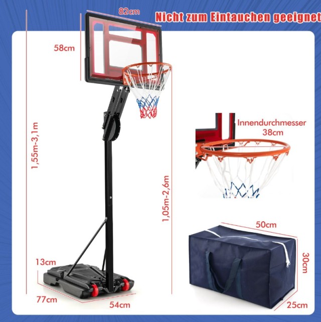 Φορητή Μπασκέτα με Ρυθμιζόμενο ύψος και Ρόδες 105-260 cm Μαύρη SP38190 Costway