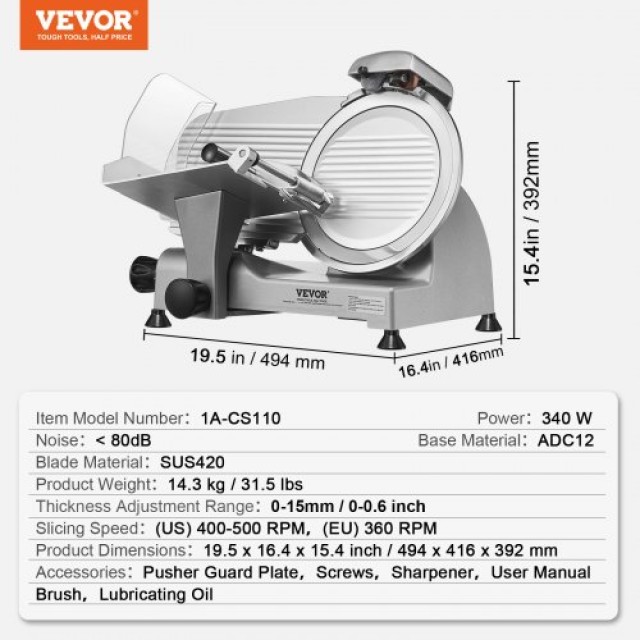 Ηλεκτρικός Κόφτης Κρεάτων VEVOR 340W με Λεπίδα 10 και Ενσωματωμένη Πέτρα Ακονίσματος  SYDRQPJ250W1M5HC9V2