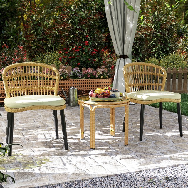 Outsunny Στρογγυλό Τραπέζι Κήπου Rattan & Γυαλί, Ø50x44 εκ, Κίτρινο Boho Chic 867-280V00YL