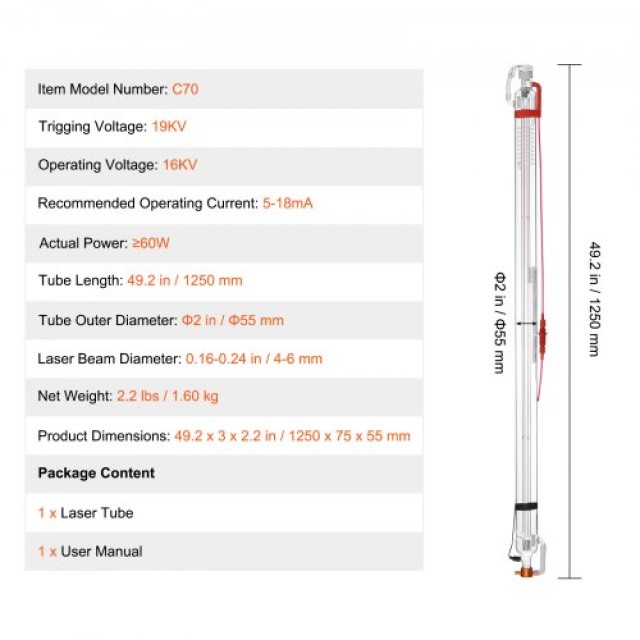 VEVOR  Σωλήνας Laser CO2 60W 1250mm από Βοριοπυριτικό Γυαλί CO2JGG60W000D1PL9V9