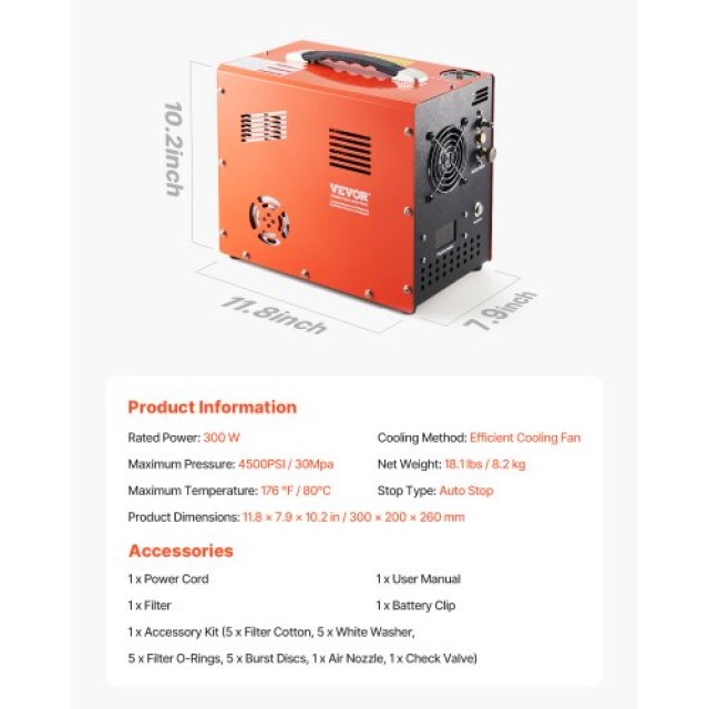 VEVOR Συμπιεστής Αέρα PCP 4500PSI με Αυτόματη Διακοπή για Αεροβόλα ...