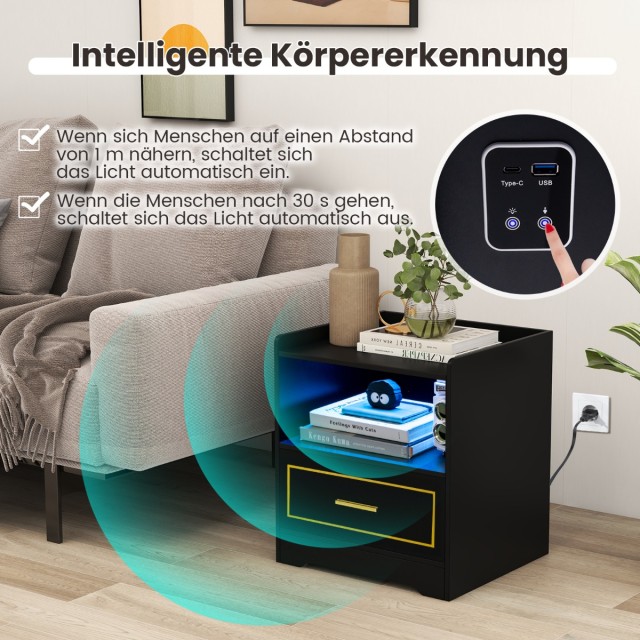 Costway  Κομοδίνο με LED Φως, Θύρα USB, Σταθμό Φόρτισης Τύπου-C και Αισθητήρα Κίνησης Μαύρο 40 x 30 x 60 εκ. HU10563DE-BK