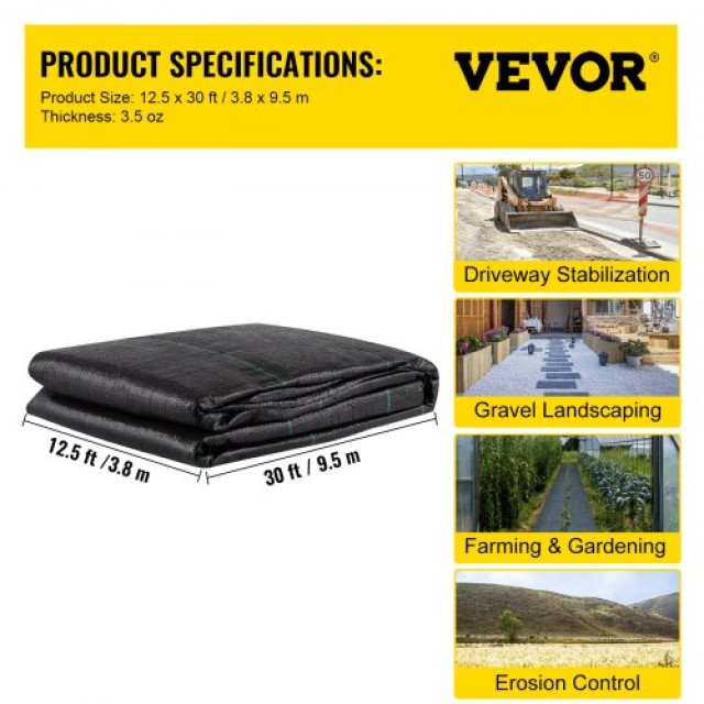 Υφασμάτινο Γεωυλικό VEVOR, 12.5 x 30 ft, 3.5oz, 600lbs, Μαύρο  BZTGB125X30PENGM2V0