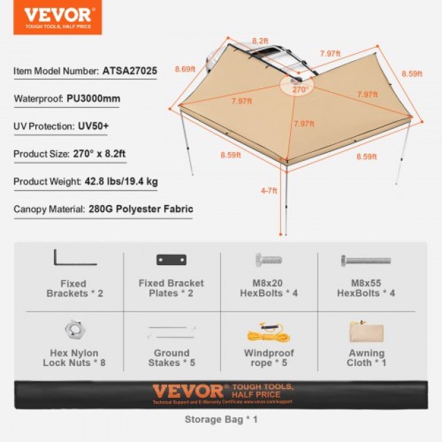 VEVOR Πλευρική Τέντα Οχήματος 270 Μοιρών, 2.5μ Ύψος, UV50+ Αδιάβροχ...