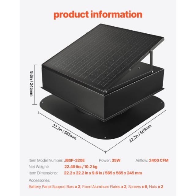 VEVOR Ηλιακός Ανεμιστήρας Εξαερισμού Σοφίτας 35W με Έξυπνο Θερμοστάτη WDPQSWDKZQYKFOL87Y3
