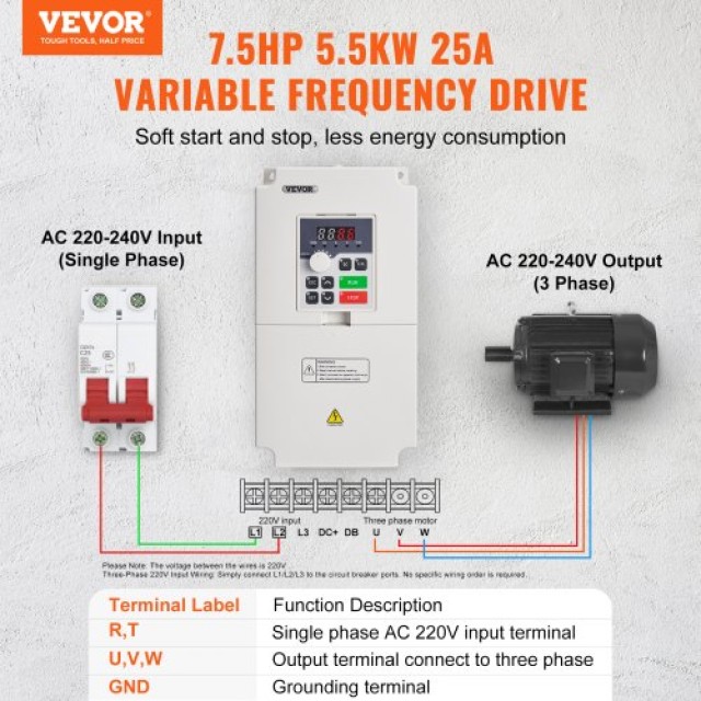 VEVOR VFD 7.5HP 5.5KW 25A 1 ή 3 Φάσεων AC 220V Είσοδος σε 3 Φάσεων ...