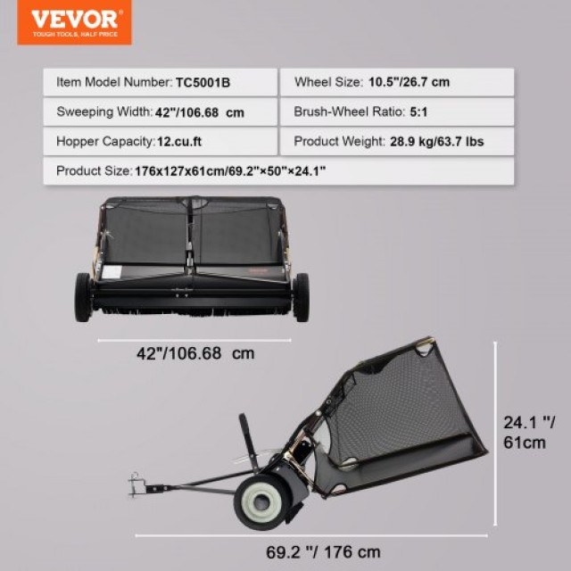 VEVOR Σαρωτής Γκαζόν 42 με Ρυμούλκηση, 12 cu.ft. Ρυθμιζόμενος  TCSC...