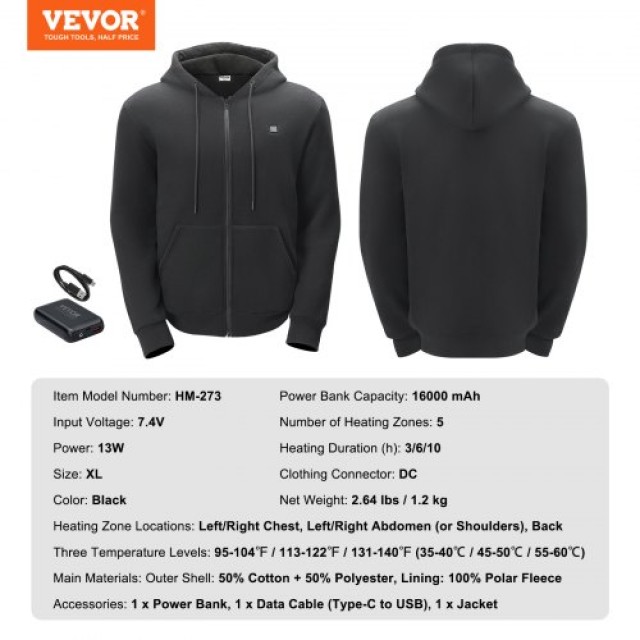 VEVOR  Θερμαινόμενο Φούτερ με Φερμουάρ Unisex με Μπαταρία για Άνδρες & Γυναίκες XL Μαύρο JRWYLLSHSDDC6DW4GV9