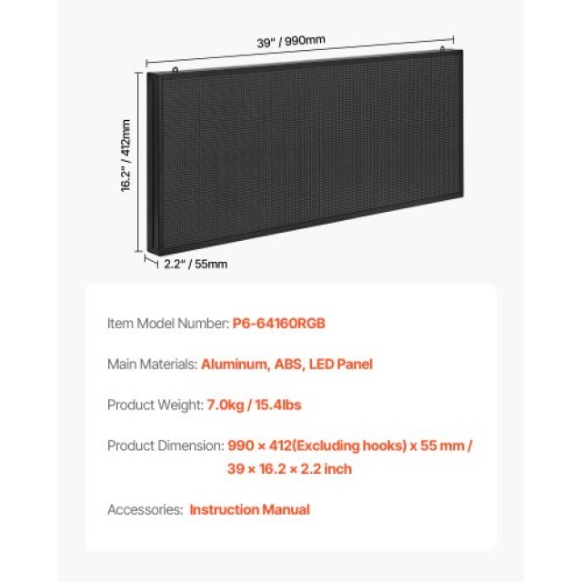 VEVOR Προγραμματιζόμενη LED Πινακίδα 40x18in P6 Πολύχρωμη YPGDGGP40...