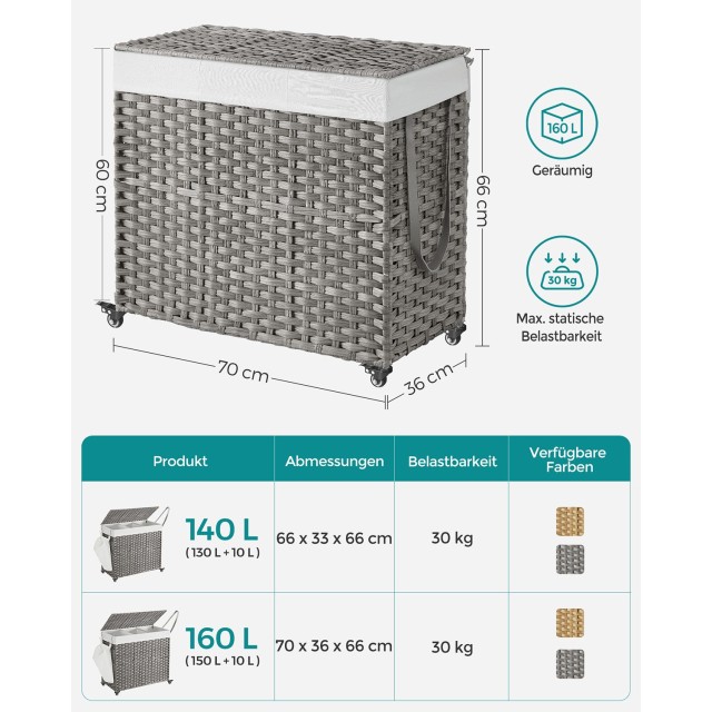 Καλάθι Απλύτων SONGMICS με Καπάκι, 160 L, 3 Θήκες, με Ρόδες, Γκρι 