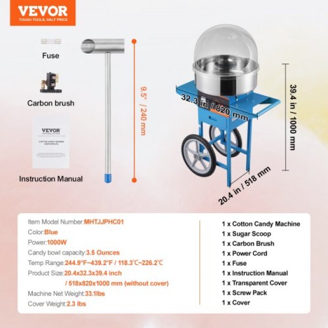 Μηχανή Μαλλιού της Γριάς VEVOR με Καρότσι, 1000W, Μπλε  HCMHTJLSHGZM4X6UAV2