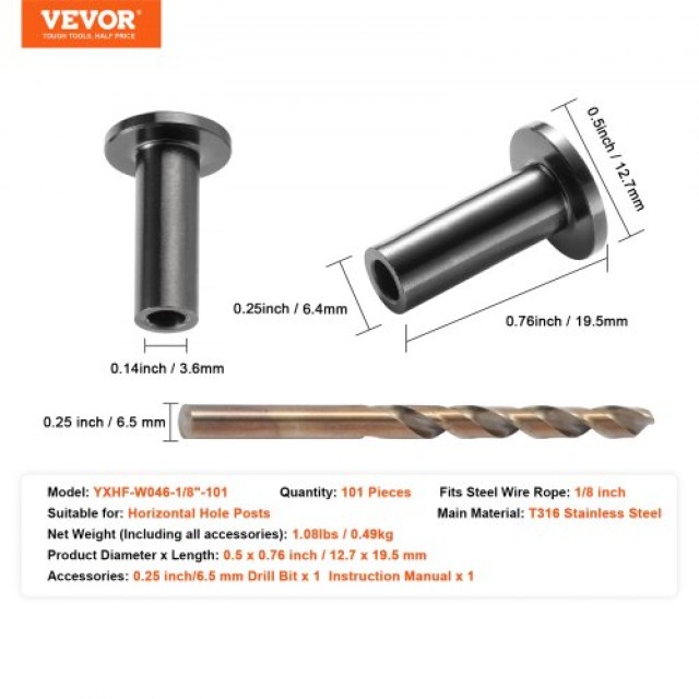 VEVOR 101τμχ Μαύρα Μανίκια Προστασίας T316 για Συρματόσχοινο 3.2mm,...