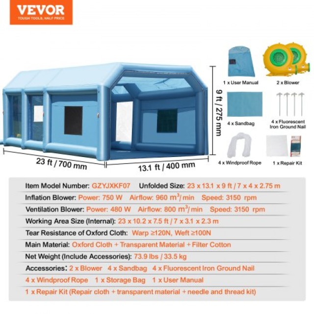 Φουσκωτό Θάλαμο Βαφής VEVOR, 23x13.1x9 ft, με Ισχυρούς Φυσητήρες και Φίλτρο Αέρα  CQSPQFLSKCGLKCDG9V2
