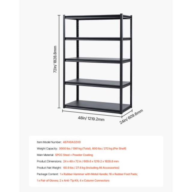 VEVOR Ράφια Αποθήκευσης 5 Επιπέδων 24 x 48 x 72 για Γκαράζ JSBSXHJ2...