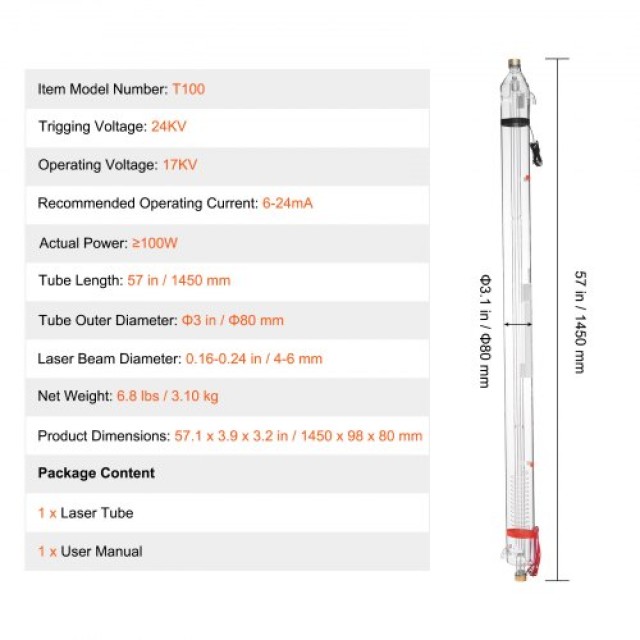 VEVOR  Σωλήνας Laser CO2 100W 1450mm από Βοριοπυριτικό Γυαλί για Κοπτικό Laser CO2JGG100W0031I4WV9