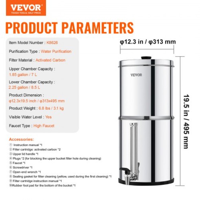 VEVOR  Σύστημα Φίλτρου Νερού Βαρύτητας 2.25G Ανοξείδωτο με 2 Φίλτρα...
