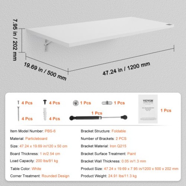 Πτυσσόμενο Επιτοίχιο Γραφείο 1200 x 500 x 202 mm Λευκό BGSGZZPMBHB4VPYF8V0 VEVOR