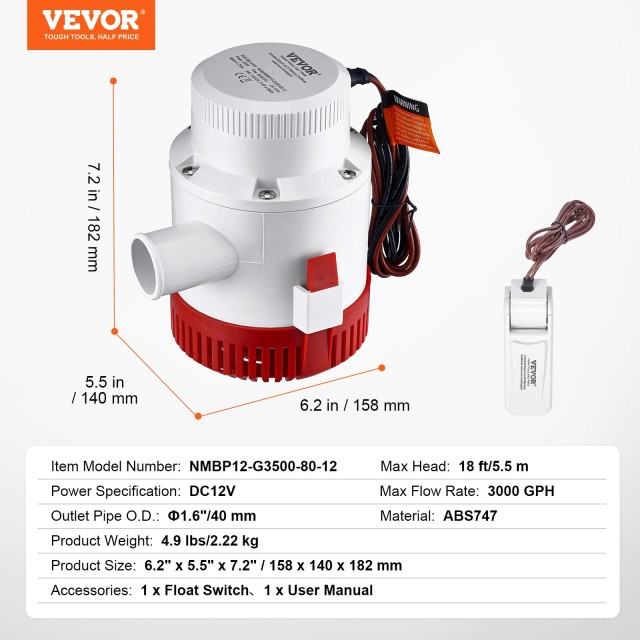 Αυτόματη Υποβρύχια Αντλία Υδάτων 3000GPH 12V για Σκάφη VEVOR CDB3700GPH00T37E4V9