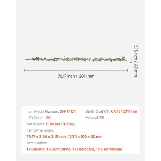 VEVOR 6.6 Πόδια Χριστουγεννιάτικο Γιρλάντα με Κληματσίδες, Μούρα, Φ...