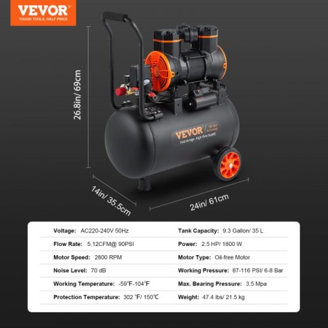 VEVOR Αεροσυμπιεστής 9.3 Γαλόνια 1800W 5.12 CFM@ 90PSI 70 dB Υπερ-Ήσυχος Χωρίς Λάδι  W35L1800W220VAA5GV2