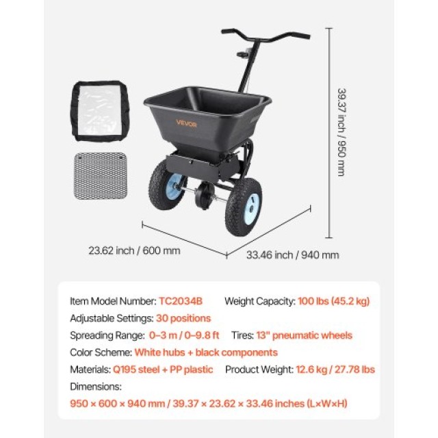 VEVOR Διασκορπιστής Σπρώξιμου Χειρισμού 45KG, Πλάτος 0-3 μέτρα TCSB...