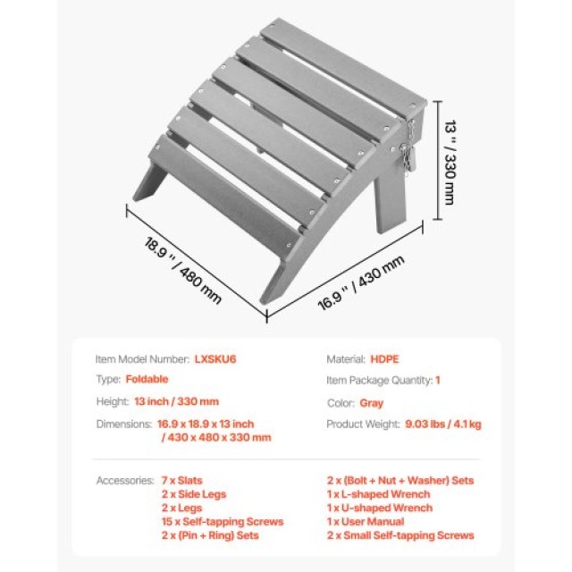 VEVOR Γκρι Πτυσσόμενο Υποπόδιο HDPE Adirondack KZDADLDKTTQPCOJ8NV0