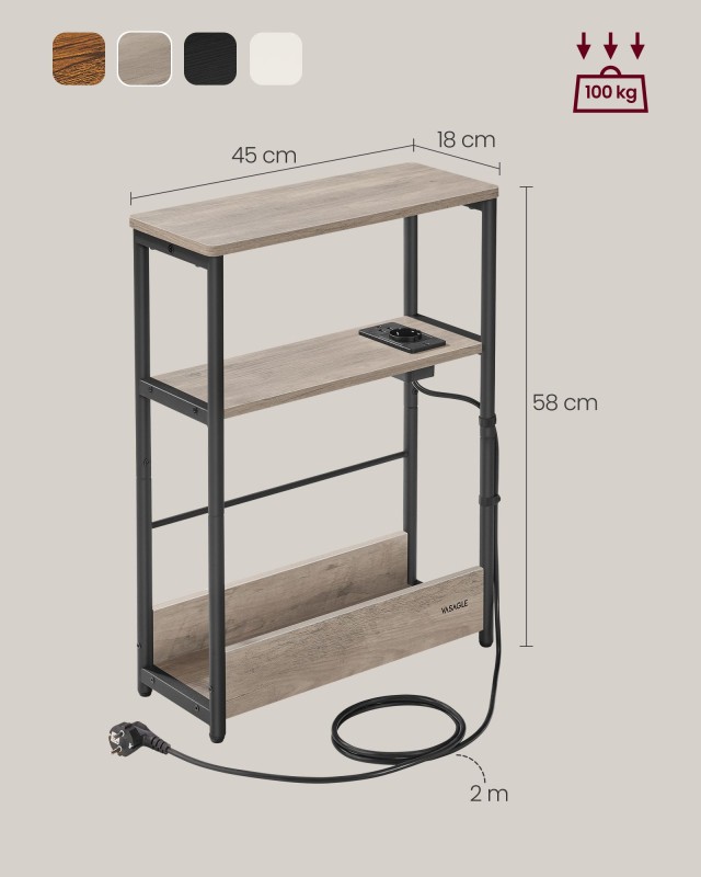 VASAGLE Λεπτό Τραπεζάκι Κρεβατοκάμαρας 45x18x58cm με Πρίζα και USB Θύρες LET335K05