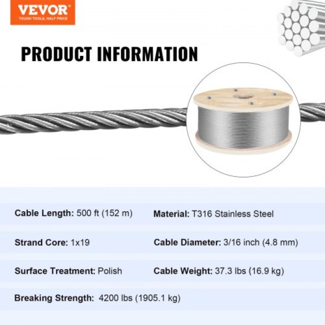 Συρματόσχοινο Ανοξείδωτο VEVOR 316, 500ft, 3/16, 1x19, 4700lbs  GSS1X19-4.8MM152MV0