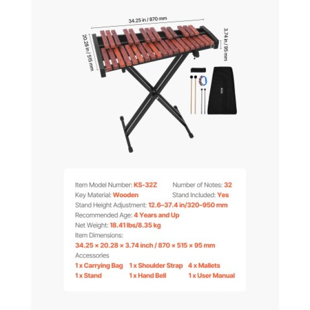 VEVOR Ξυλόφωνο Glockenspiel 32 Νότων με Ρυθμιζόμενη Βάση και Αξεσου...