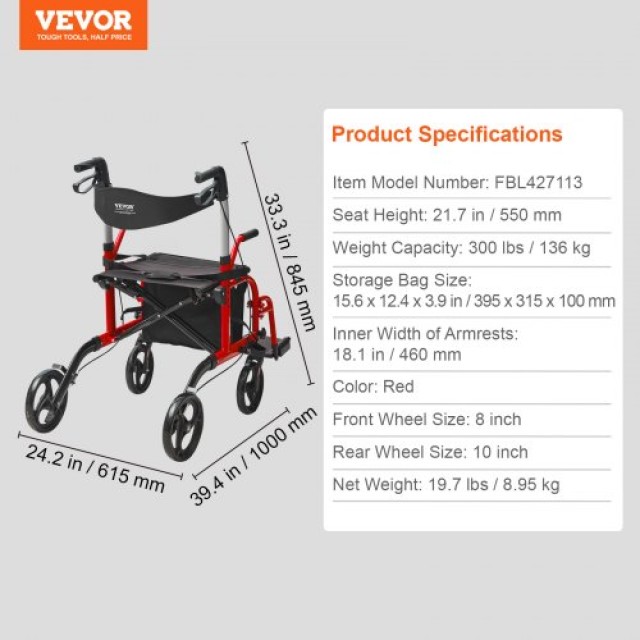 VEVOR  Περιπατητήρας & Καροτσάκι 2 σε 1 για Ηλικιωμένους, Πτυσσόμενος Ελαφρύς Αλουμινίου με Ρυθμιζόμενη Λαβή, Ρόδες Παντός Εδάφους, 300LBS EHYZXQCKJLQ8WW1ZSV0