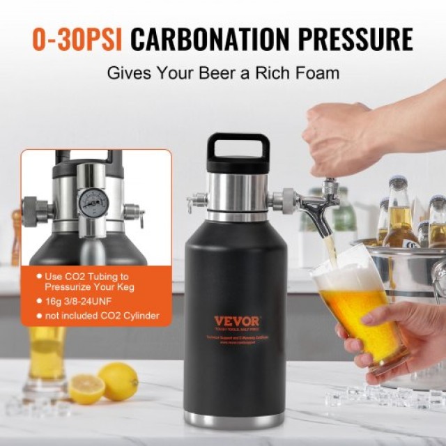 Σύστημα Βρύσης Μπύρας VEVOR, 64Oz 1.89L Μίνι Κεγ, Ανοξείδωτο Ατσάλι 304, Ρυθμιστής CO2, Οθόνη Πίεσης  MNPJTHSYS64OZLGCLV0