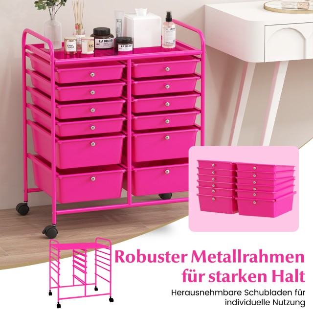 Costway Ροζ Τροχήλατος Μεταλλικός Συρταριέρας με 12 Στοιβαζόμενα Συ...