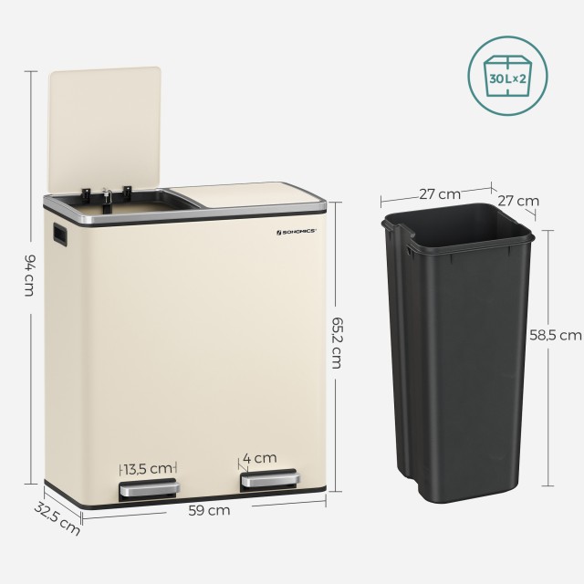 SONGMICS Δίχρωμος Κάδος Απορριμμάτων 60L με Απαλό Κλείσιμο και Πεντ...