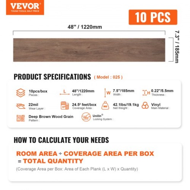 VEVOR Διασυνδεόμενα Πλακάκια Βινυλίου 1220x185mm, 10 Πλακίδια 5.5mm, Σκούρο Καφέ Ξύλινο Δάπεδο DIY  LSYXJDD55MMSEL7G8V0