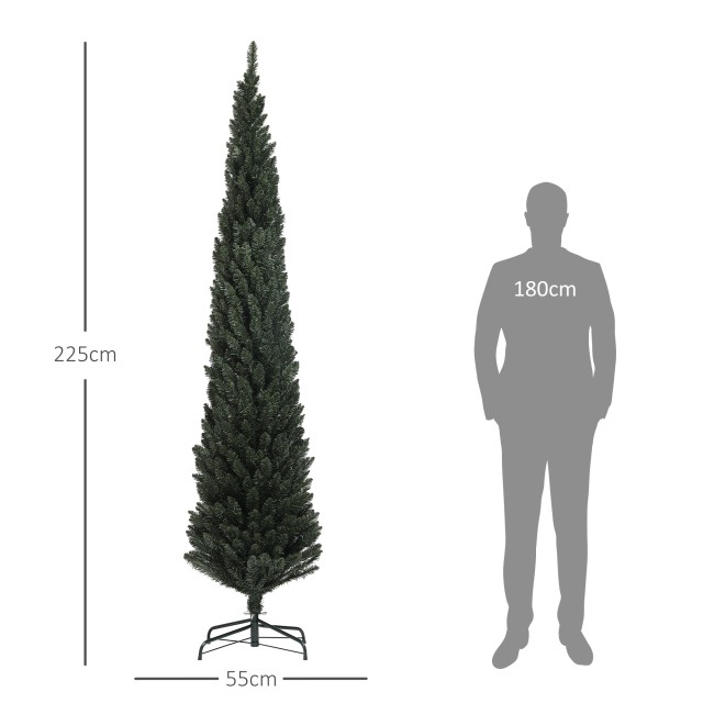 HOMCOM  Ψηλό Χριστουγεννιάτικο Δέντρο Slim 225 cm Εξοικονόμησης Χώρου με 538 Κλαδιά και Βάση από Ατσάλι για Εσωτερικούς Χώρους, Πράσινο  830-854V01GN