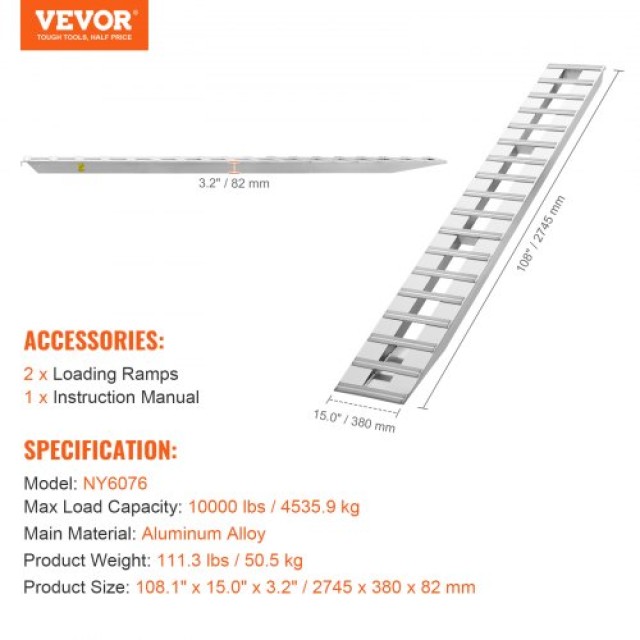 Ράμπες Αλουμινίου VEVOR 108 x 15 10,000 LBS (Σετ 2)  LJSL108X15IN2GVMSV0