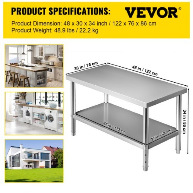 Τραπέζι Προετοιμασίας VEVOR Ανοξείδωτο 48x30x34, 550lbs, Ρυθμιζόμενο Ράφι  J48X30X34INCHVNM2V0