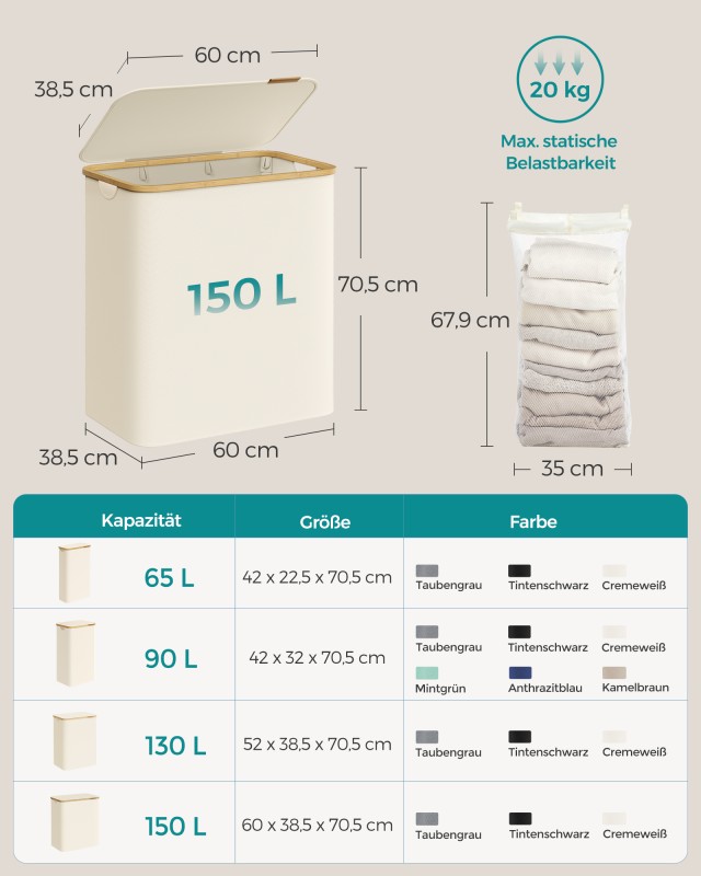 Καλάθι Απλύτων SONGMICS με Καπάκι, 3 Θέσεων, 150L, Κρεμ LCB515W01 