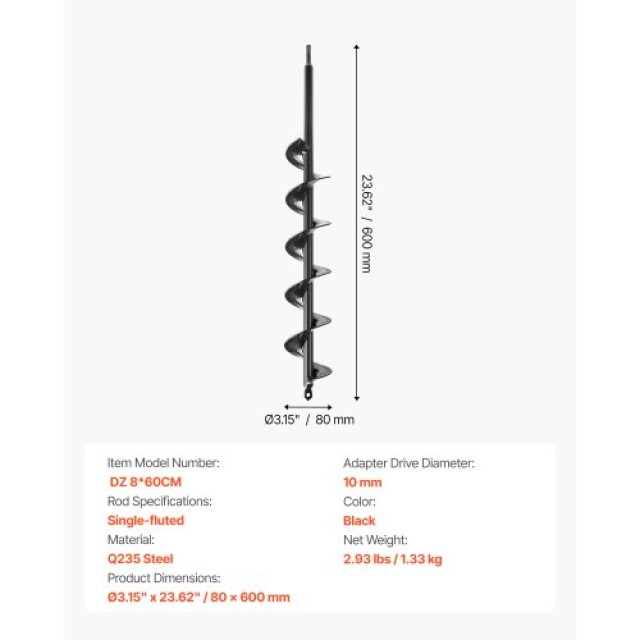 VEVOR Σπειροειδές Τρυπάνι Γης 8x60cm για Γλάστρες LXZZT1G80MM6E08ZC...