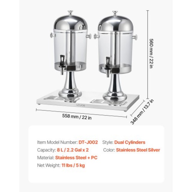 VEVOR Διανομέας Ποτών 8L x 2 με Βρυσάκι από Ανοξείδωτο Ατσάλι BXGYL...
