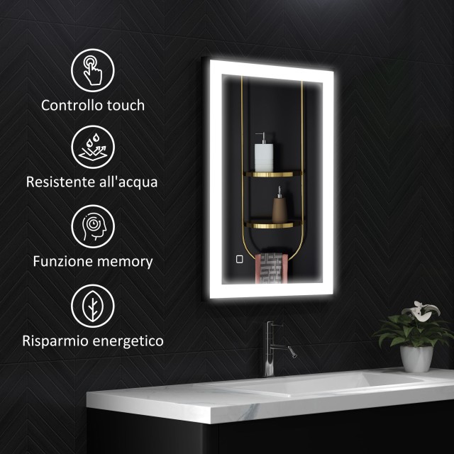 HOMCOM  Φωτιζόμενος καθρέφτης μπάνιου LED με ρυθμιζόμενο χρώμα και θερμοκρασία και πλαίσιο αλουμινίου, 70x3x50 εκ., Μαύρο  834-782V00BK