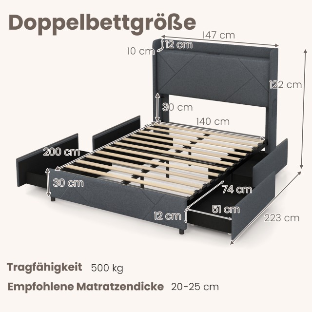 Costway  Διπλό Κρεβάτι  223 x 147 x 122 cm με LED Φωτισμό και Ενσωμ...