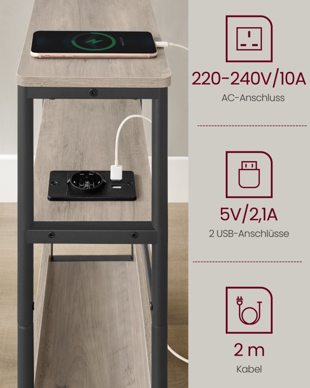 VASAGLE Λεπτό Τραπεζάκι Κρεβατοκάμαρας 45x18x58cm με Πρίζα και USB Θύρες LET335K05