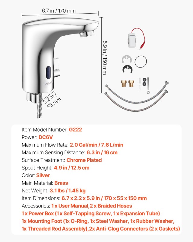 VEVOR Αυτόματη Αισθητήρας Βρύση Μπάνιου - Χωρίς Αφή, Χρώμιο, 6.7 x ...