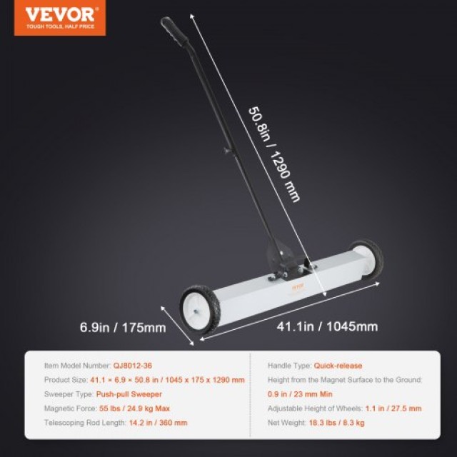 VEVOR  Μαγνητική Σκούπα 55lbs με Ρόδες, 24 με Τηλεσκοπική Λαβή για ...